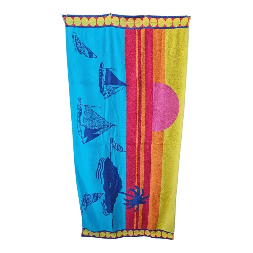 Vintage Studio A Beach Towel Retro 90s Tropical Sailboat Sunset Neon Pink 64x34